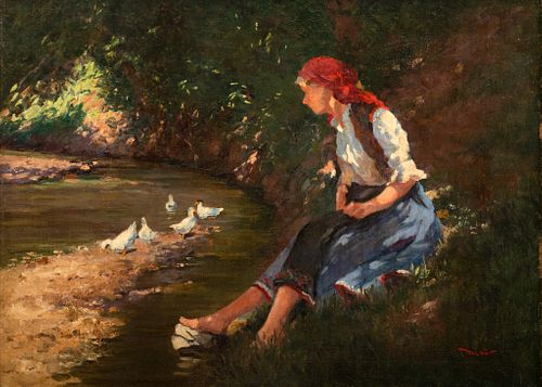 Continental European Oil on Canvas Mounted to Masonite, Signed Micö, Ca. Late 19th C., "Seated Woman on the Bank of a Stream", H 18" W 24"