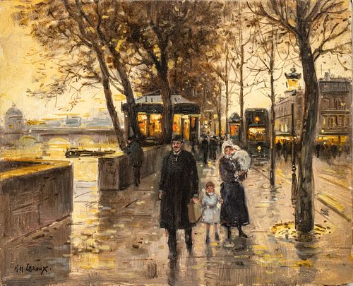 Armand Henri Leroux (French, B. 1948) Oil on Panel "Homeward Bound (Paris in Autumn)", H 14.75" W 18.25"