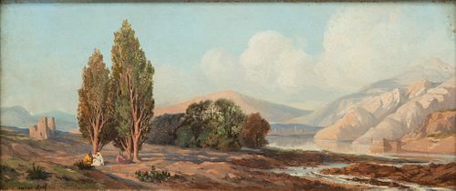 Paul-Emile Miot (Contre Amiral Miot) (French, 1827-1900) Oil on Mahogany Panel Ca. 1880s, "Tunisian Landscape", H 5.25" W 12.5"