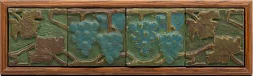 Rookwood Pottery (American) Glazed Ceramic Framed Tiles, Grape Clusters, Ca. 1900, H 6" W 6" 4 pcs