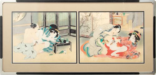 Pair of Japanese Shunga Paintings on Silk, H 12.75" W 15.75"