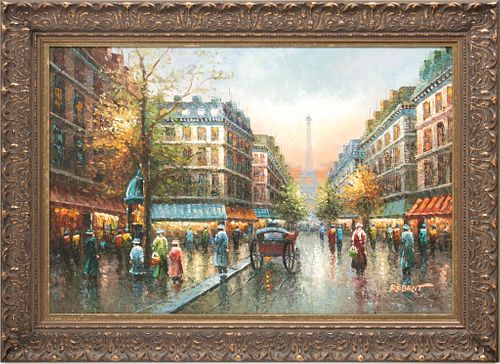 French Oil on Canvas, Ca. 20th C., "Parisian Street Scene", H 24" W 36"