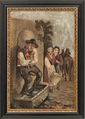 Italian Oil on Canvas, Dated 1880, Figures at a Water Well, H 18" W 12"