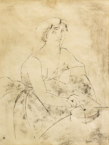 Giacomo Porzano (Italian, 1925-2006) Ink on Paper, 1963, "Sketch of a Woman Ashing a Cigarette", H 18" W 13.5"