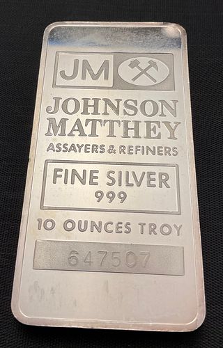 Johnson Matthey Assayers 10 Ounces Troy Fine Silver 999 Bar