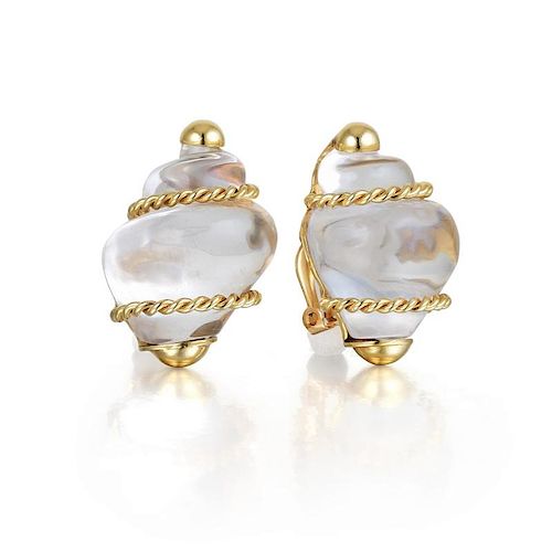 Seaman Schepps Gold and Rock Crystal Shell Earrings