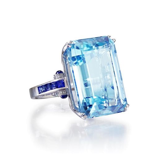 A 28.65-Carat Aquamarine, Sapphire, and Diamond Ring