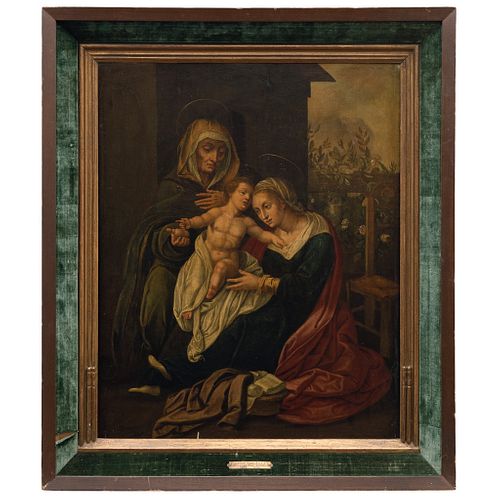LA VIRGEN CON EL NIÑO Y SANTA ANA. PAÍSES BAJOS, SIGLO XVI. Óleo sobre tabla. Con placa referida: "Pieter van Aelst". 62 x 52 cm