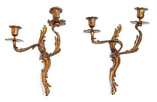 A Pair of Louis XV Style Gilt Metal Two-Light Sconces Height 12 inches.