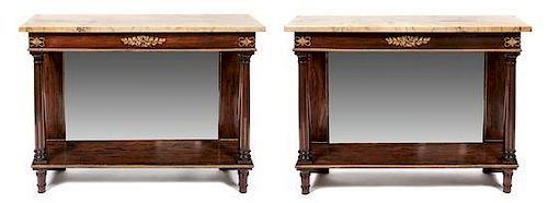 A Pair of Empire Style Marble Top Console Tables Height 44 3/4 x width 33 x depth 14 inches.