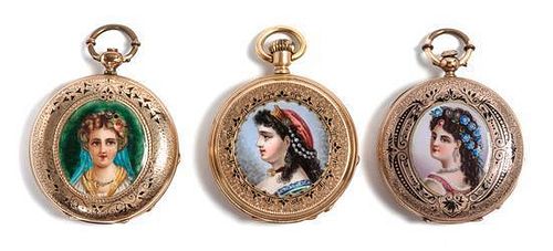 * A Group of Three Enamel Portrait Pocket Watches Diameter 1 5/8 inches.