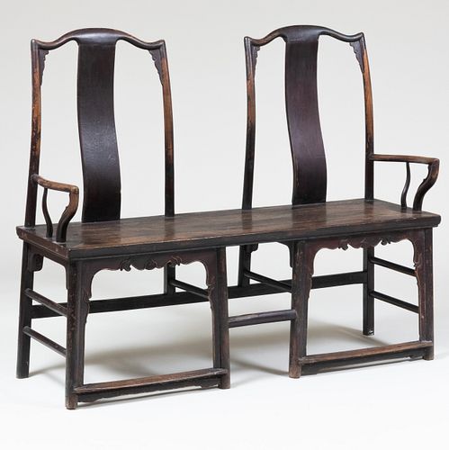 Chinese Ebonized Hardwood Double Chairback Hall Bench