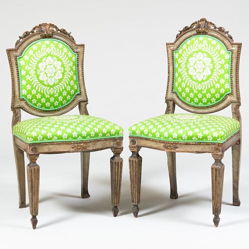 Pair of Italian Neoclassical Style Painted and Parcel-Gilt Side Chairs