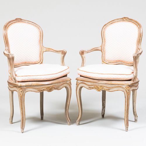 Pair of Small Louis XV Painted and Parcel-Gilt Fauteuils en Cabriolet