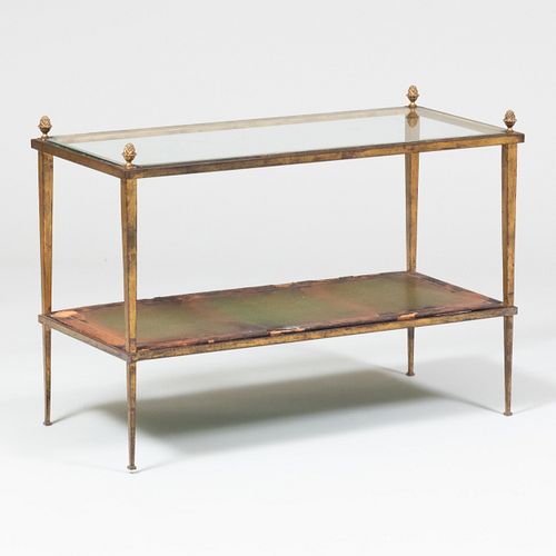 Modern Gilt-Metal, Glass and Leather Two-Tier Low Table