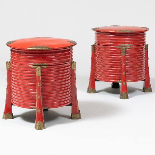 Pair of Japanese Lacquer Drum Form Boxes and Covers