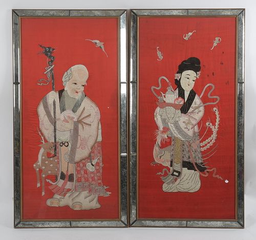 Pair of Framed Chinese Embroidered Needlework Panels