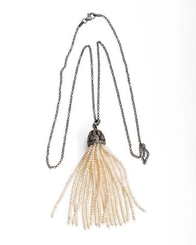 A seed pearl, diamond, silver tassel pendant-necklace