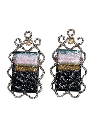 Pair of carved tourmaline and diamond earrings