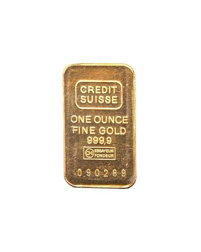 Credit Suisse 1 oz 999.9 fine gold ingot, numbered 090289