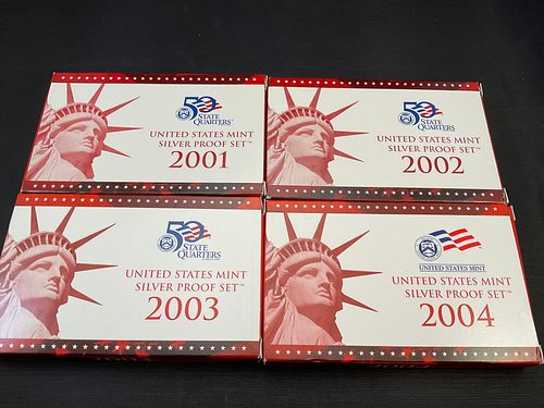Group of 4 U.S. Mint Silver Proof Set, 2001 - 2004