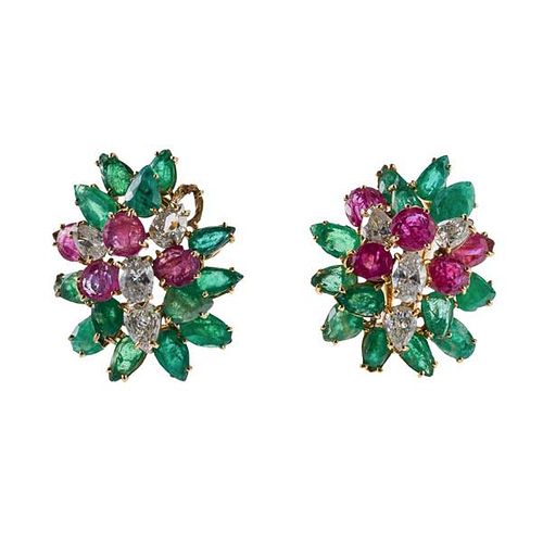 14k Gold Diamond Ruby Emerald Cocktail Earrings