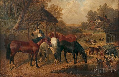 Attributed to John Frederick Herring Jr. (British, 1815-1907)      Horses Watering at a Farmyard Pool