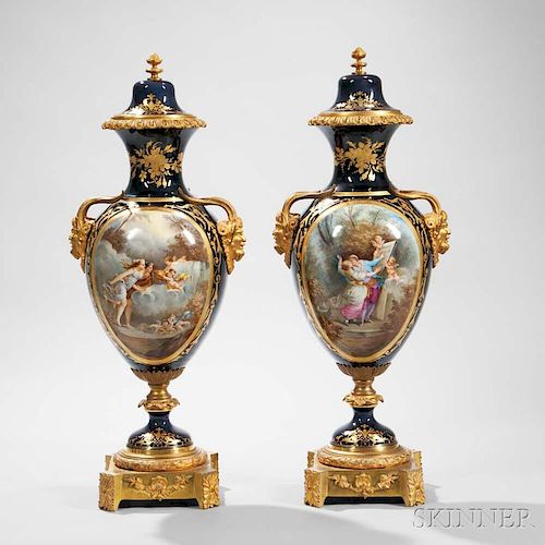 Pair of Large Gilt-bronze-mounted Sevres Porcelain Vases and Covers