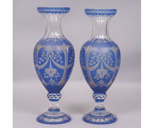 PAIR OF BLUE ETCHED GLASS VASES