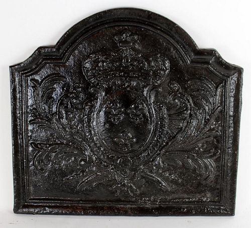 Antique French cast iron fireback with crown