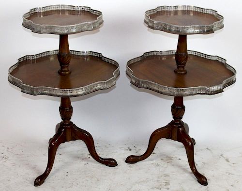 Pair of mahogany butler tables with nickel galleries