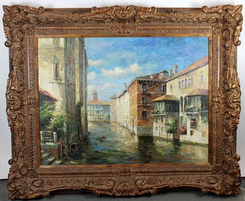 Oil on canvas depicting Venice canel scene