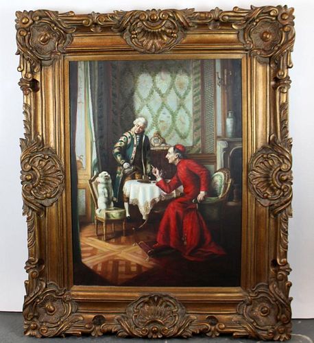 Oil on canvas depicting cardinal and dog