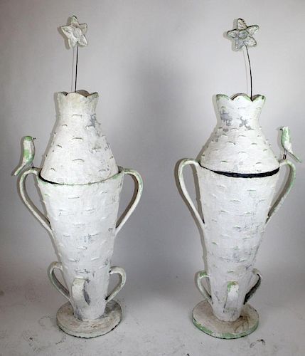 Pair French faux bois bark vases
