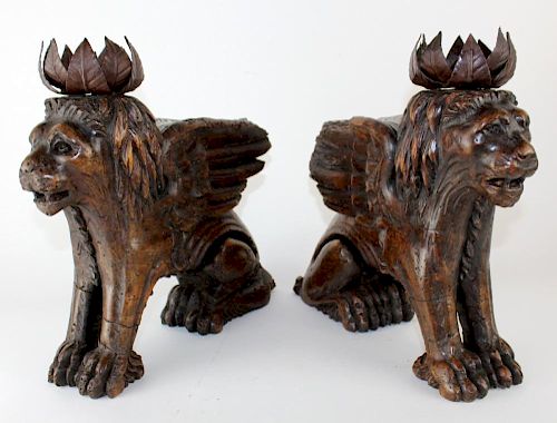 Pair of antique carved San Marco lions