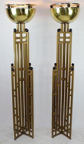 Pair of Art Deco brass skyscraper torchieres