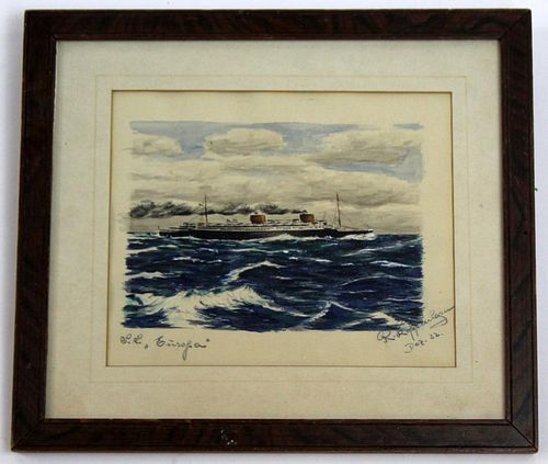 Framed watercolor depicting S.S. Europa
