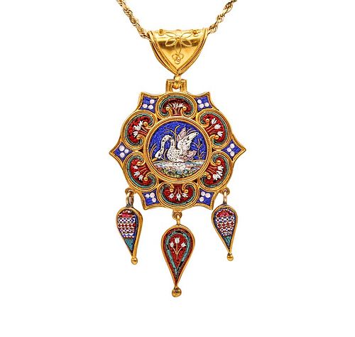 Roman Revival 1850 Papal States Pendant In 19K Gold Swan In Micro Mosaic