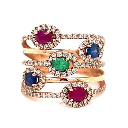 ROYAL 14k Rose Gold Ruby Sapphire Emerald and Diamond Ring