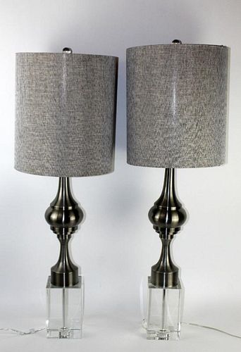 Pair of Modern chrome & glass block lamps