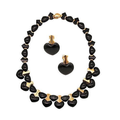 Marina Bvlgari 1996 Ciao Necklace & Earrings Suite In 18Kt Gold With Black Jade