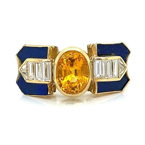 18K Yellow Gold Sapphire, Diamond, and Lapis Lazuli Ring