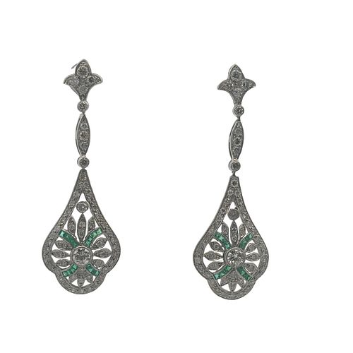 Platinum drop Earrings with Diamonds and Emeralds