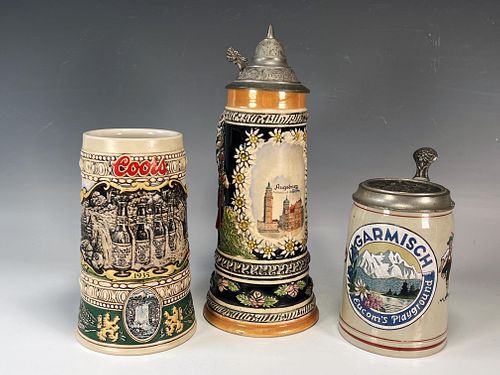 COLLECTION OF BEER STEINS SWISS MUSIC BOX, COORS
