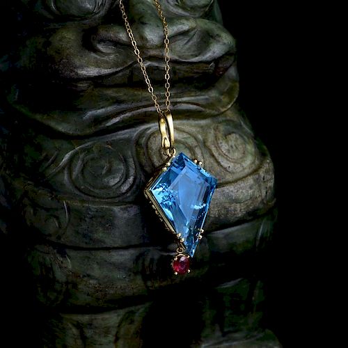 An Exceptional 54.68-Carat Aquamarine and Ruby Pendant