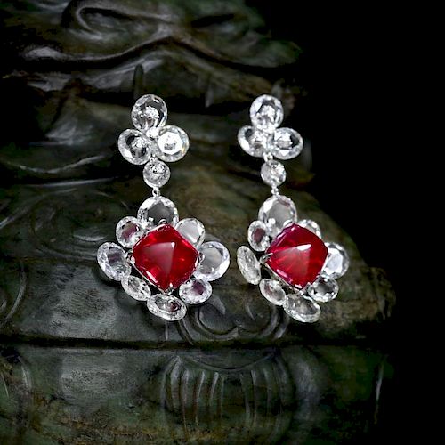 A Pair of Burmese Sugarloaf Cabochon Ruby and Diamond Earrings