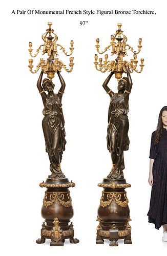 A Pair Of Monumental Bronze Figural Torchiere