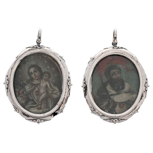 MEDALLÓN. MÉXICO, CA. 1800. Óleo sobre rígido en medallón de plata, con las efigies de la Virgen de la Merced y san Pedro Nolasco.