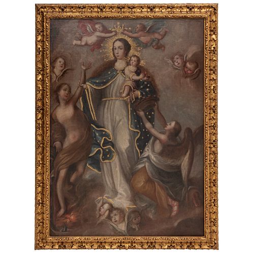 VIRGEN DE LA LUZ. MÉXICO, SIGLO XVIII. Óleo sobre tela. 138 x 97 cm