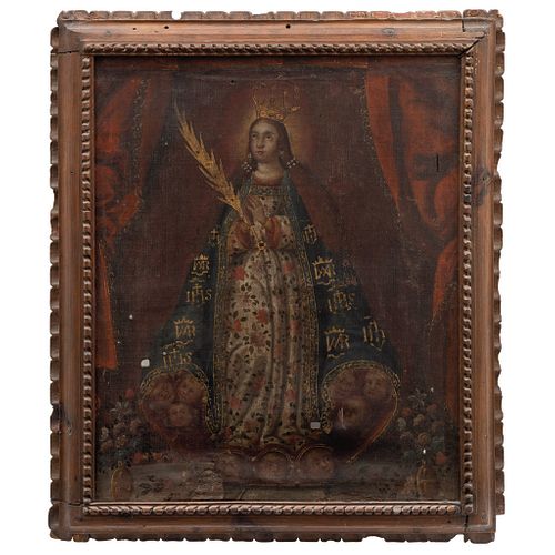 NUESTRA SEÑORA DE LA ASUNCIÓN DE SANTA MARÍA LA REDONDA. MÉXICO, SIGLO XVIII. Óleo sobre tela. 75 x 63 cm.